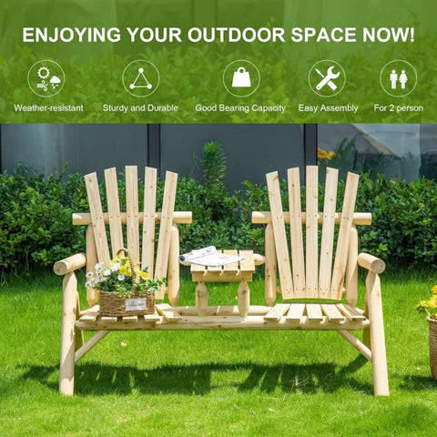 Outsunny 2-Seat Wooden Adirondack Chair, Patio Bench with Table, Outdoor Loveseat Fire Pit Chair for Porch, Backyard