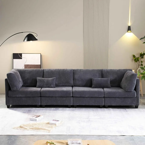 L Shaped Convertible Modular Sectional Sofa with Movable Ottoman, Free Combination Corduroy Upholstered Corner Couch with Legs