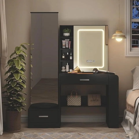 Natural Makeup Vanity Desk with Full Length Mirror and LED Lights Mirror Bedroom Dressing Vanity Table with 3 Lighting Modes