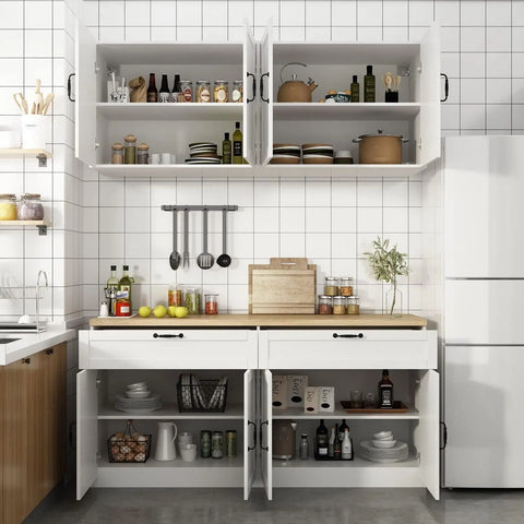 Wall-Mounted Kitchen Pantry Kitchen Storage Cabinet with Countertop, Pantry Cabinet with Drawers & Doors, Wall Cabinet for Kitch