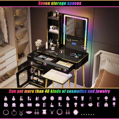 LED Lights Makeup Vanity Set,Black Desk with Mirror and Lights, Table with USB&Wireless Charging Station,Makeup Desk