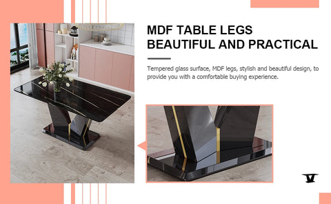 7 Pieces Modern Black Dining Table Set 63" Marble Table Chair Set of 6 PU Leather Chairs Rectangle Dining Room Table Set