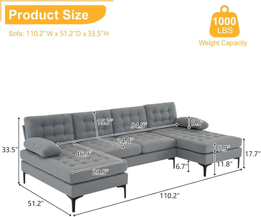 Sectional Sofa 110" U-Shape Sofa Couch Linen Fabric Upholstered with Double Chaises,Lattice Decorated,for Living Room, Apartment