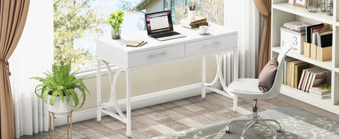 Modern White 41 Inches Computer Desk with 2 Drawers Home Office Bedroom Table Study Writing Desk Metal Frame