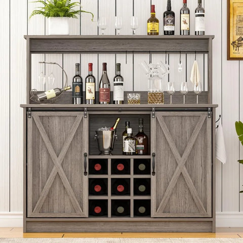 4ever2buy Farmhouse Coffee Bar Cabinet with 6 Hooks, White Coffee Bar with Storage, Kitchen Buffet Cabinet with Adjustable Shelv