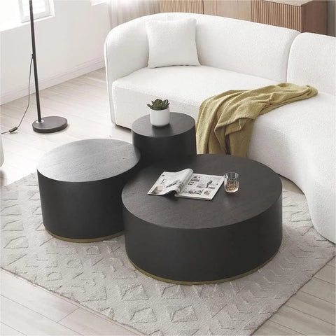 Round Coffee Table for Living Room, Drum Round Circle Wood  Modern Black Coffee Tables End Table with Gold Rim Bottom