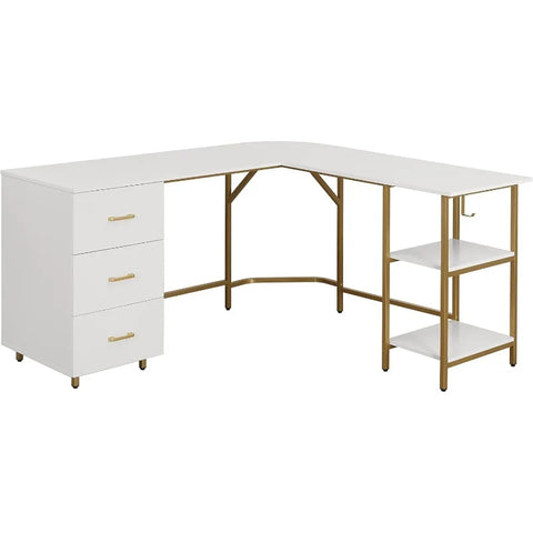 L Shaped Desk - Two-Toned Computer Desk with Drawers & Storage Shelves - Simple Modern Furniture & Home Office Space Corner Tabl