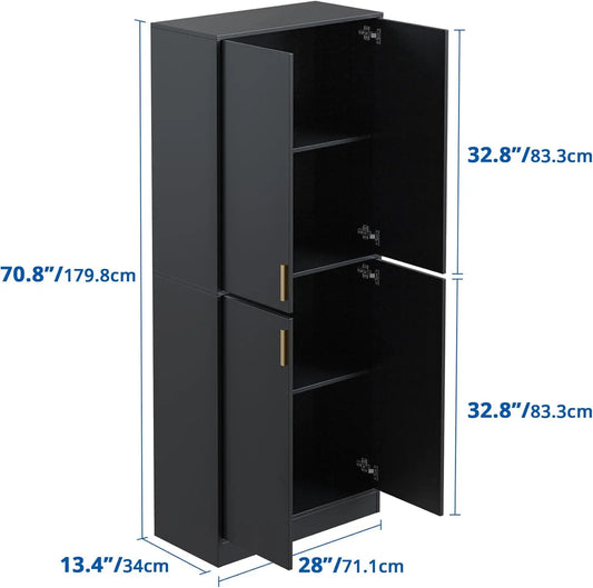 71" Tall Kitchen Pantry Storage Cabinet, Freestanding Cupboard Cabinet with Doors and Adjustable Shelves for Kitchen, Black