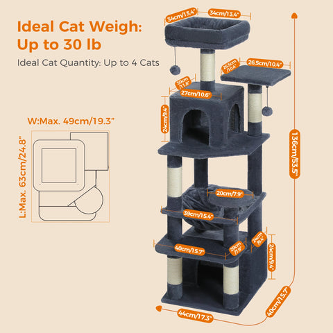 Large Cat Tree Tower for Indoor Cats With Sisal-Covered Scratching Posts Spacious Hammock Padded Perches and Condos Dark Grey