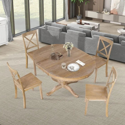 5-Piece Round Dining Table and Chair Set, Round Dining Table with Shelf, Wood Table Set for Family Dining Area