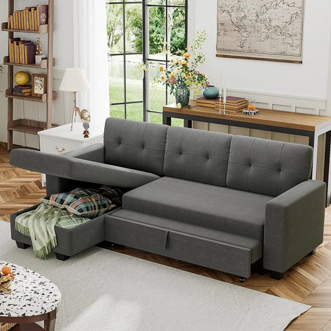 Sofa Bed Reversible Convertible Sleeper Pull Out Couches with Storage Chaise,Faux Leather/Linen Fabric Furniture for Living Room