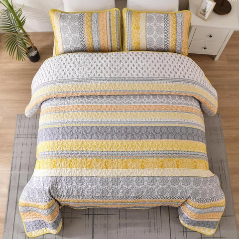 Boho Quilt Set , Yellow Bohemian 3 Pieces Quilt Sets, Lightweight Microfiber Bedspread Coverlet Bedding Set for All Season