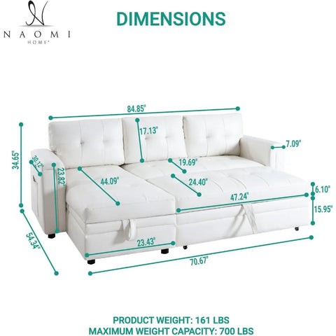 Sectional Sleeper Sofa with USB Ports-L-Shaped Couch Convertible Pull-Out Bed, Ample Storage,Timeless Design,Sturdy Construction