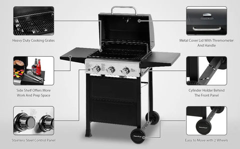 3 Burner BBQ Propane Gas Grill, Stainless Steel 30,000 BTU Patio Garden Barbecue Grill with Two Foldable Shelves