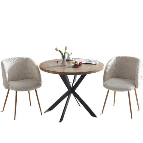 Dining Table set, MDF Table-top, Fuzzy Sherpa Armchairs with Wood Grain Metal Leg for Kitchen, Reception Room, Dining Table set