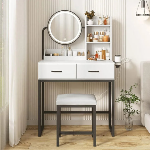 Makeup Vanity Desk with Mirror and Lights Makeup Table, Small Vanity Table for Bedroom with Lots Storage 3 Lighting Modes 31.5in