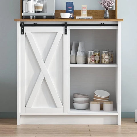 4ever2buy Farmhouse Coffee Bar Cabinet with 6 Hooks, White Coffee Bar with Storage, Kitchen Buffet Cabinet with Adjustable Shelv