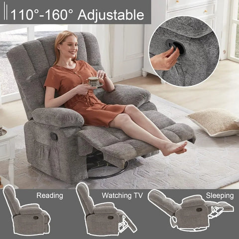 Oversized Rocker Recliner Chair for Adults, 360° Swivel Recliner Chair Ergonomic Chair, Overstuffed Manual Rocking Recliner，Grey