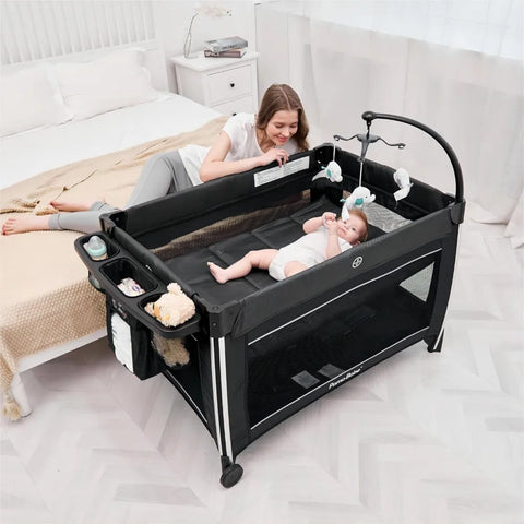 4 in 1 Portable Baby Crib Deluxe Nursery Center, Foldable Travel Playard with Bassinet, Mattress, Changing Table for Newborn