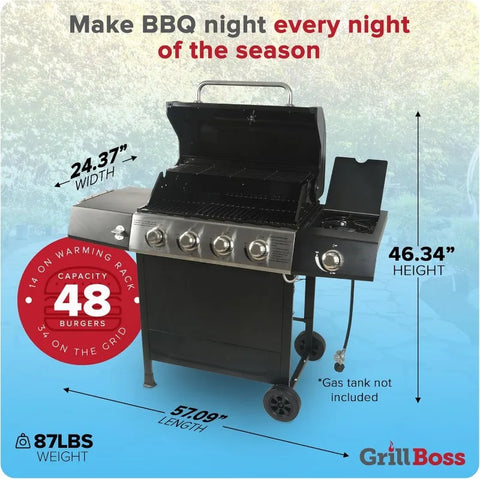 Grill Boss Outdoor BBQ Propane Gas Grill with Side Burner Lid Wheels Shelves Bottle Opener and 3 Burners