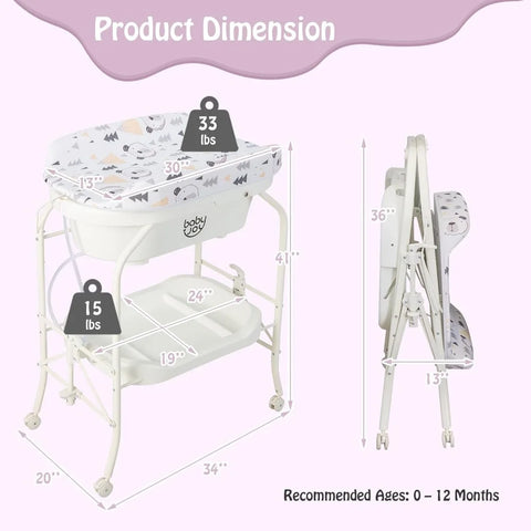 BABY JOY Baby Bathtub with Changing Table, Foldable Infant Diaper Changing Station with Storage Tray, Waterproof Pad, Portable