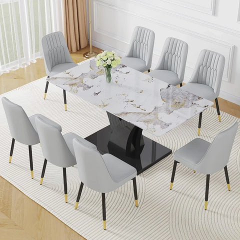 Modern Dining Room Table Set for 6, Faux Marble Kitchen Table and 6 PU Leather Chairs, 67” Rectangular Tempered Glass Table Set