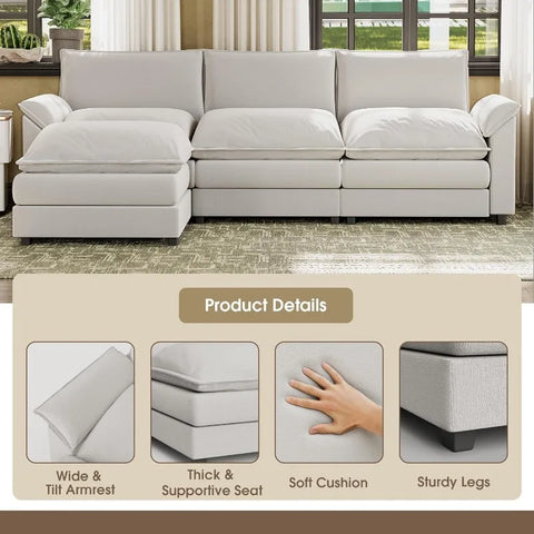 119” Modular Oversized Sectional Sofa Couch,Wide Arm L-Shaped Couch, Deep Seat and Reversible Ottoman,Chenille Fabric