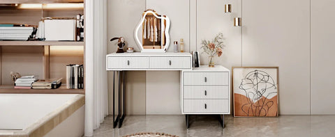 Vanity Desk with 3-Color Touch Screen Lighted Mirror, 5 Drawers, Makeup Vanity Table Set with Lights, Dressing