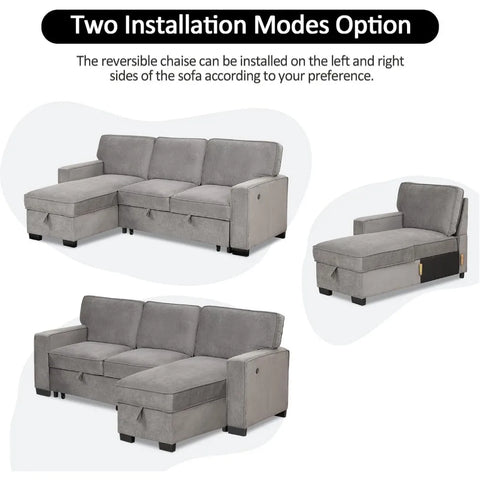 Convertible Sleeper Sofa 3 in 1, Chenille Modern L-Shaped Couches for Living Room, Pull Out Sectional Futon Sofa Bed