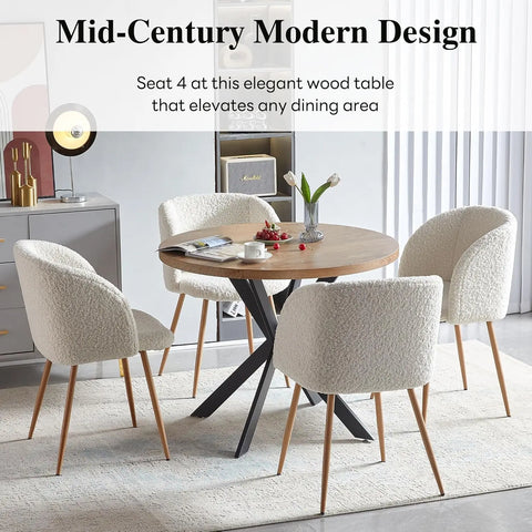 Dining Table set, MDF Table-top, Fuzzy Sherpa Armchairs with Wood Grain Metal Leg for Kitchen, Reception Room, Dining Table set