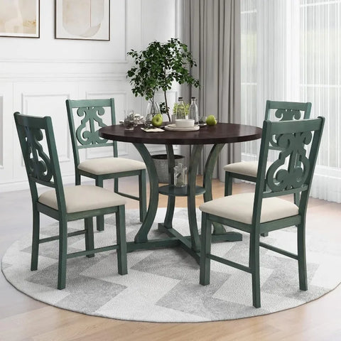 5-Piece Round Dining Table and Chair Set, Round Dining Table with Shelf, Wood Table Set for Family Dining Area