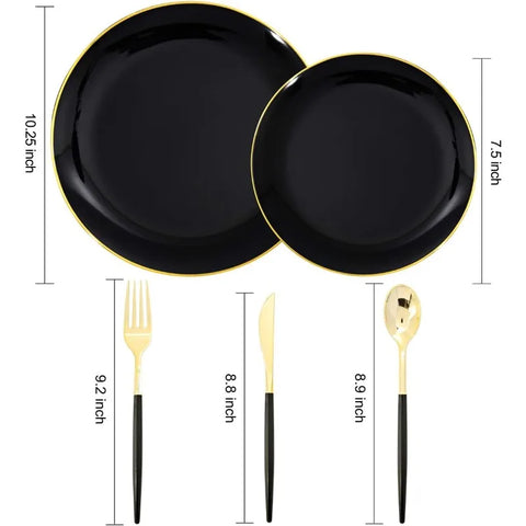 150pcs Black and Gold Dinnerware Set - Plastic Plates and Silverware for Birthdays, Parties, Weddings