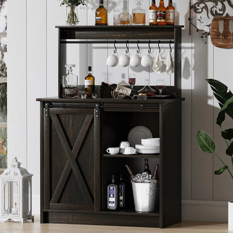 4ever2buy Farmhouse Coffee Bar Cabinet with 6 Hooks, White Coffee Bar with Storage, Kitchen Buffet Cabinet with Adjustable Shelv