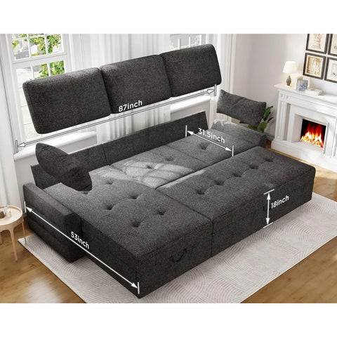 Pull Out Sofa Bed, Modern Tufted Convertible Sleeper Sofa, L Shaped Sofa Couch with Storage Chaise, Chenille Sectional Couch Bed