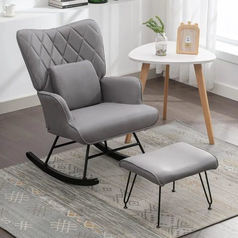 Rocking Chair Modern Rocking Chair Nursery Set with Lumbar Pillow and Ottoman Glider Chair for Nursery/Living Room/Bedroom-Gray