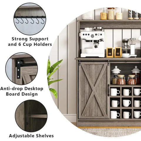 4ever2buy Farmhouse Coffee Bar Cabinet with 6 Hooks, White Coffee Bar with Storage, Kitchen Buffet Cabinet with Adjustable Shelv