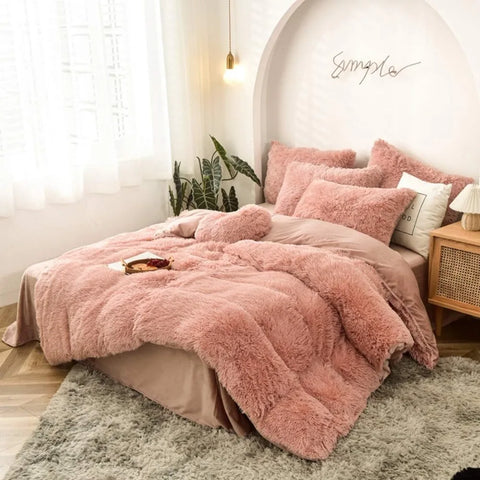 5 PCS Shaggy Duvet Cover Bedding Set - Fluffy Comforter Cover Long Faux Fur Luxury Ultra Soft Cozy