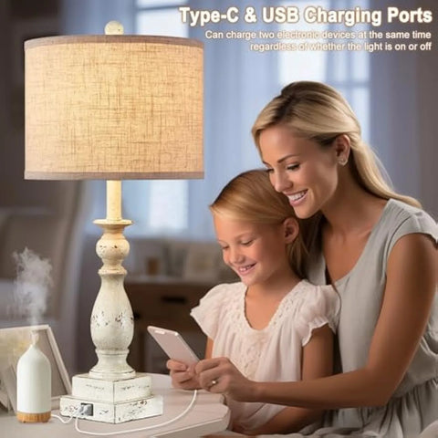 US 28'' Farmhouse Bedroom Lamps Set of 2 Bedside Table Lamps for Nightstand with USB A+C Charging Ports Traditional Side Table