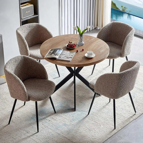 Dining Table set, MDF Table-top, Fuzzy Sherpa Armchairs with Wood Grain Metal Leg for Kitchen, Reception Room, Dining Table set