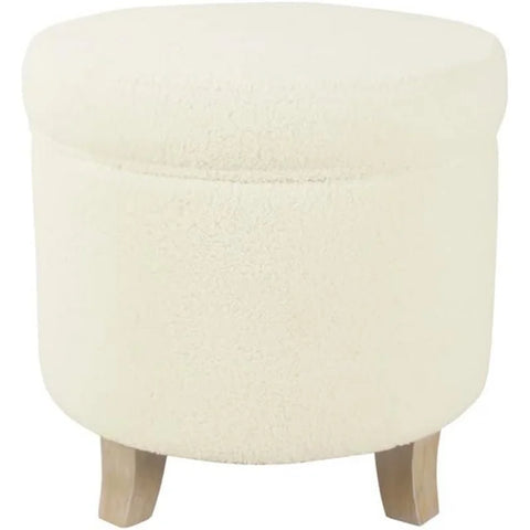 Round Transitional Faux Sheepskin Fabric Storage Ottoman Home Décor|Upholstered Round Foot Rest Ottoman- Light Cream Large