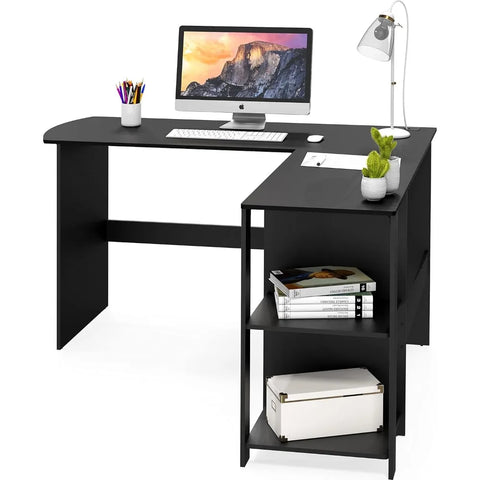 L-shaped home office, wooden corner desk, black computer desk