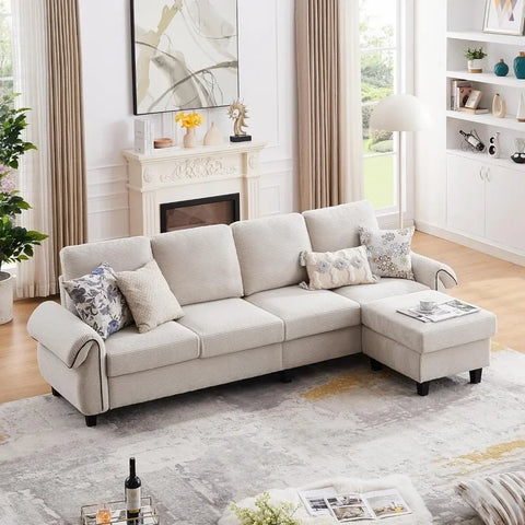 112" Sectional Sofa, 4-seat L-shaped couch, reversible ottoman, wooden legs, modern polyester upholstery, beige, for LR/apt