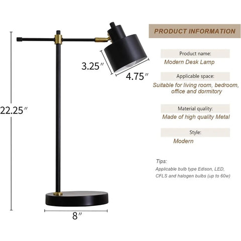 OYEARS Modern Industrial Desk Lamp for Reading LED 22.2“ Metal Table Lamp Light for Office Bedroom Study Room Living Room