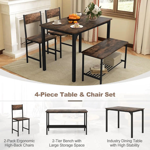 Dining Table Set for 4, Kitchen Table with Bench and Chairs, Industrial Gathering Bench Dining Set W/Metal Frame & Storage Rack