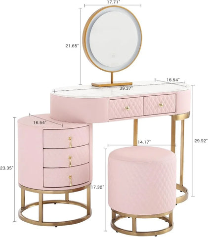 Luxury Faux Leather Vanity Desk with Mirror Makeup Table with Drawers & Vanity Stool