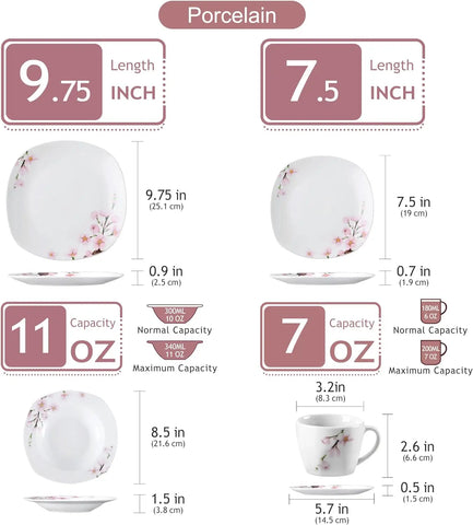 Porcelain Dinnerware Sets for 6, White Dish Set with Pink Floral, 30 PCS Dinner Sets Including Plates