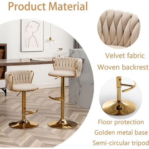 Woven Bar Stools Set of 4, Counter Height Bar Stools with Low Back, Gold Swivel Bar Stools for Kitchen Island