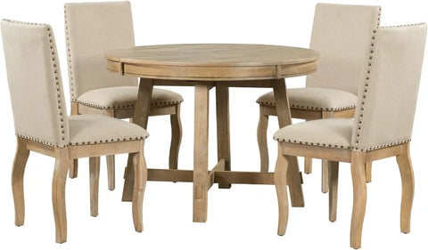 5-Piece Round Dining Table and Chair Set, Round Dining Table with Shelf, Wood Table Set for Family Dining Area