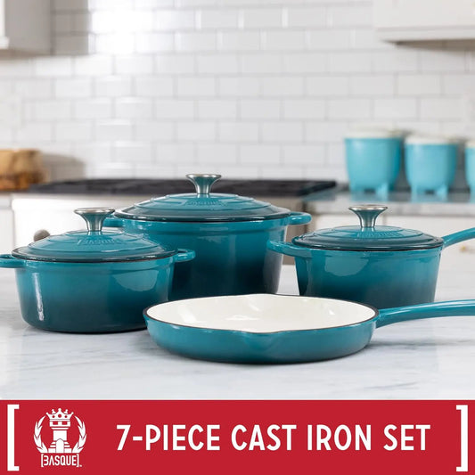 NEW Enameled Cast Iron Cookware Set, 7-Piece Set (Biscay Blue), Nonstick, Oversized Handles, Oven Safe; Skillet, Saucepan