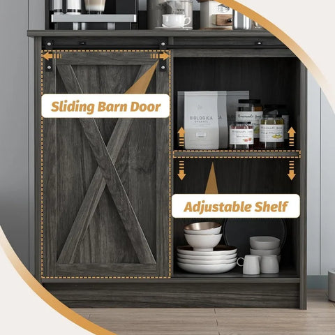 4ever2buy Farmhouse Coffee Bar Cabinet with 6 Hooks, White Coffee Bar with Storage, Kitchen Buffet Cabinet with Adjustable Shelv